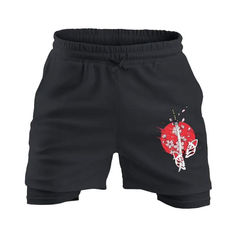 Shorts de Compressão 2 em 1 – Espada &amp; Sakura, Força e Elegância