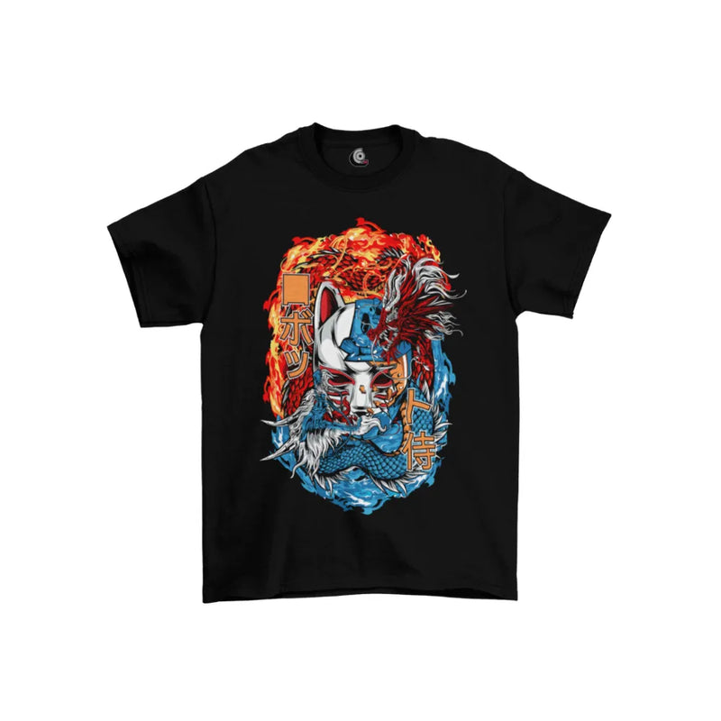 Camiseta Algodão Premium Anime Kimetsu no Yaiba - Máscara Dragão Fogo e Água