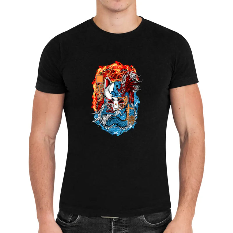 Camiseta Algodão Premium Anime Kimetsu no Yaiba - Máscara Dragão Fogo e Água