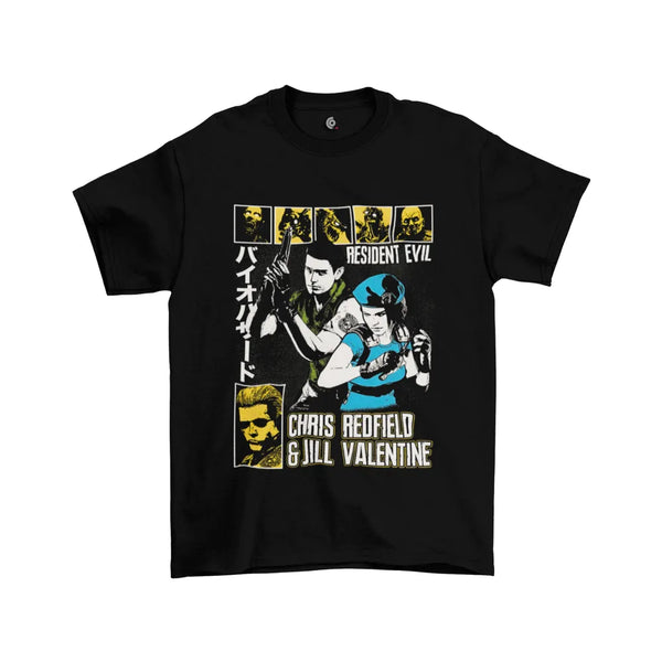 Camiseta Algodão Premium PlayStation Game Resident Evil: Chris Redfield e Jill Valentine