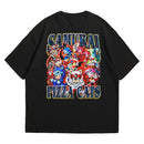 Camiseta Oversized Algodão Desenhos Retrô Samurai Cats