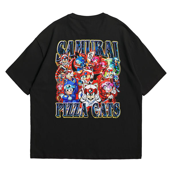 Camiseta Oversized Algodão Desenhos Retrô Samurai Cats